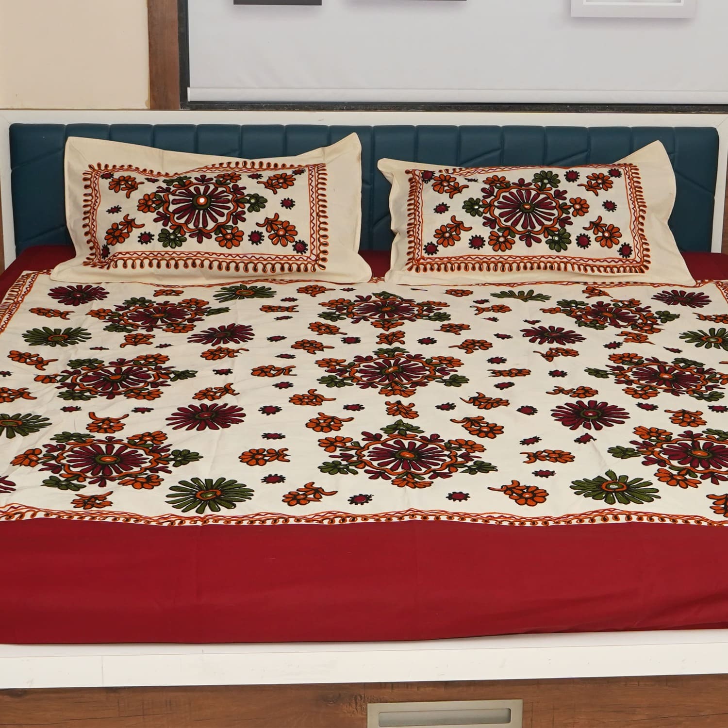 Rajasthani Kart Pure 100% Cotton handmade Double Bed Sheet with 2 Pillow Covers #2002