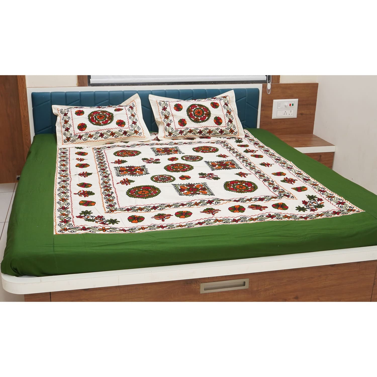 Rajasthani Kart Pure 100% Cotton handmade Double Bed Sheet with 2 Pillow Covers #2003