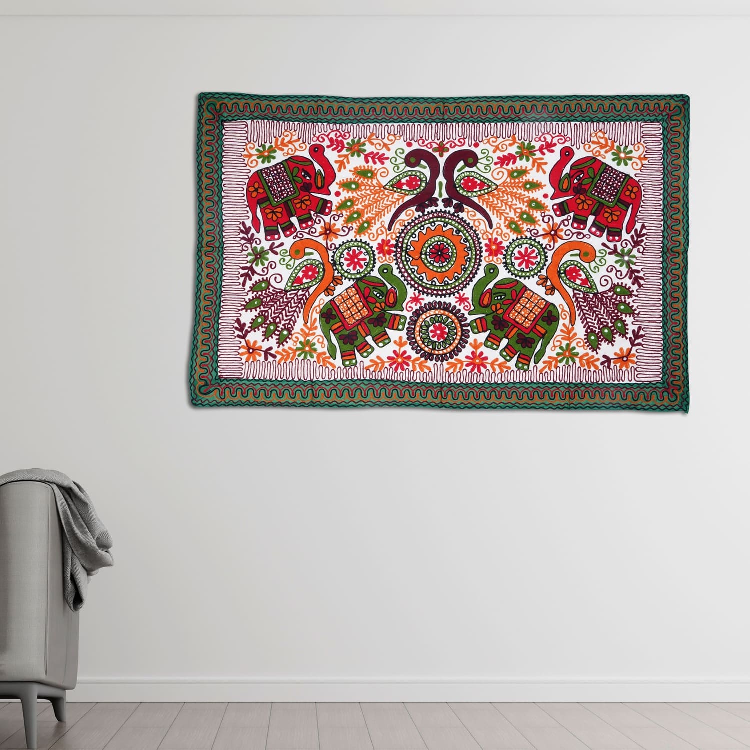 wall hanging handicraft mat in beautiful elephant and peacock