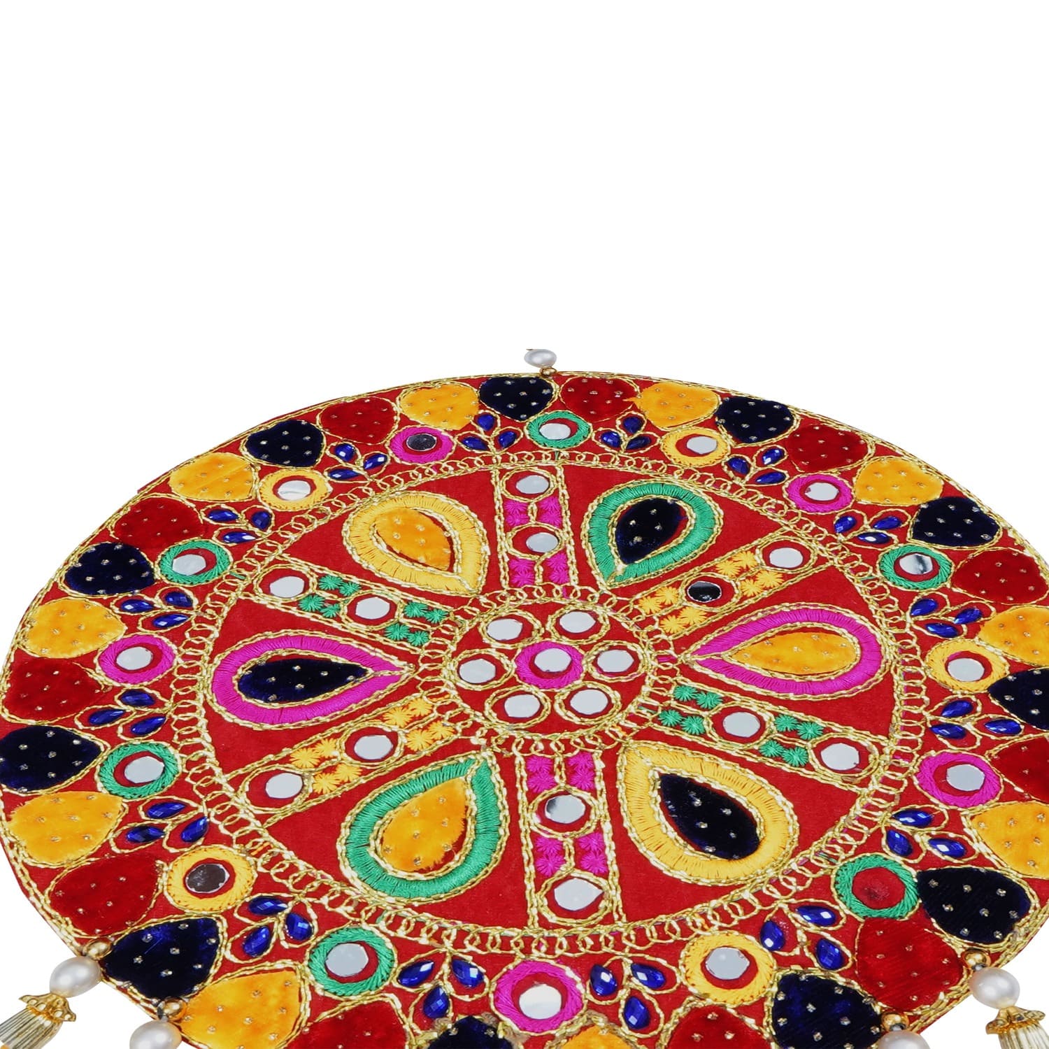 Handmade Pair of Round Colourful Cotton Latkan with Katchi Art and Bandhanwal for Home Decor