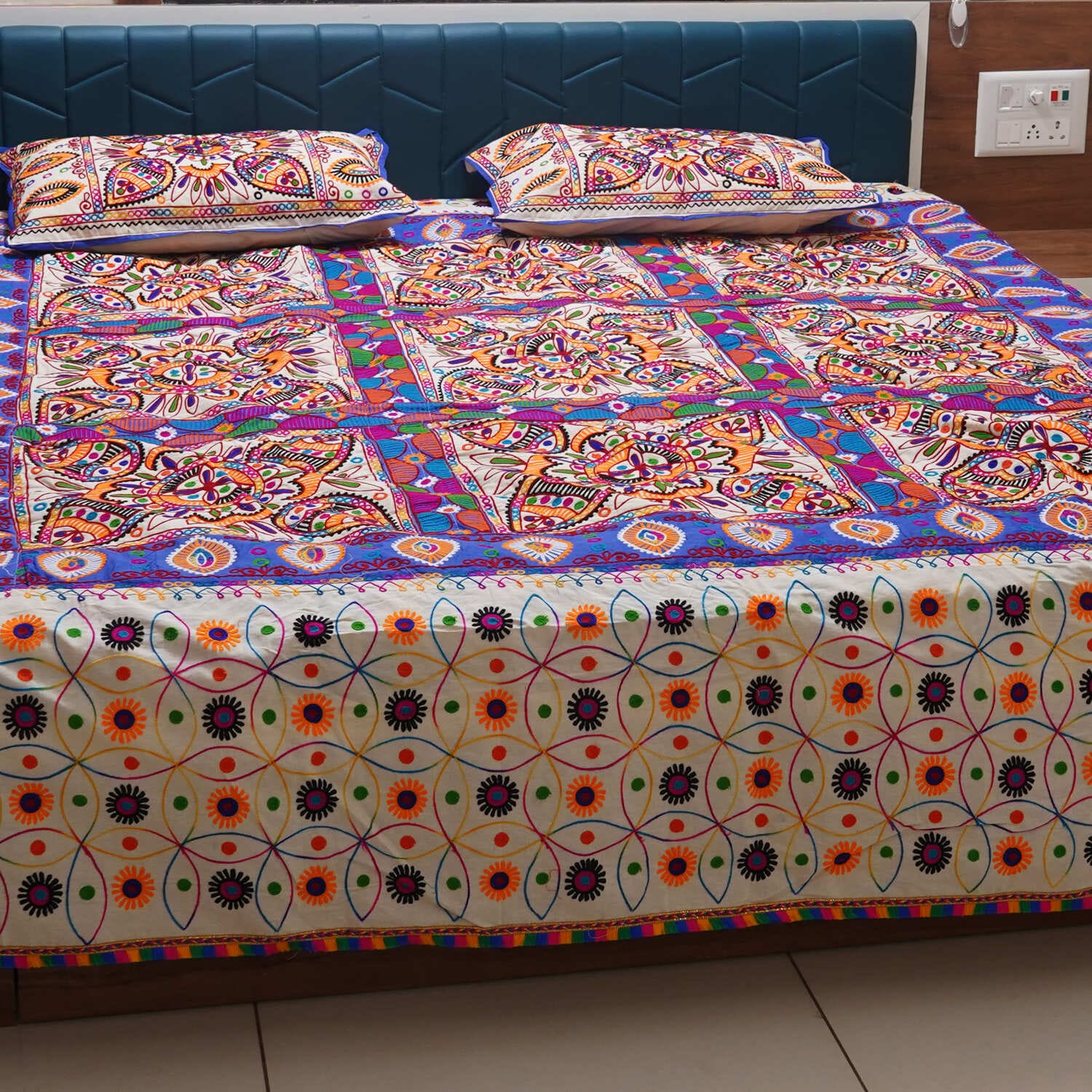 Rajasthani Kart Pure 100% Cotton handmade Double Bed Sheet with 2 Pillow Covers #2000