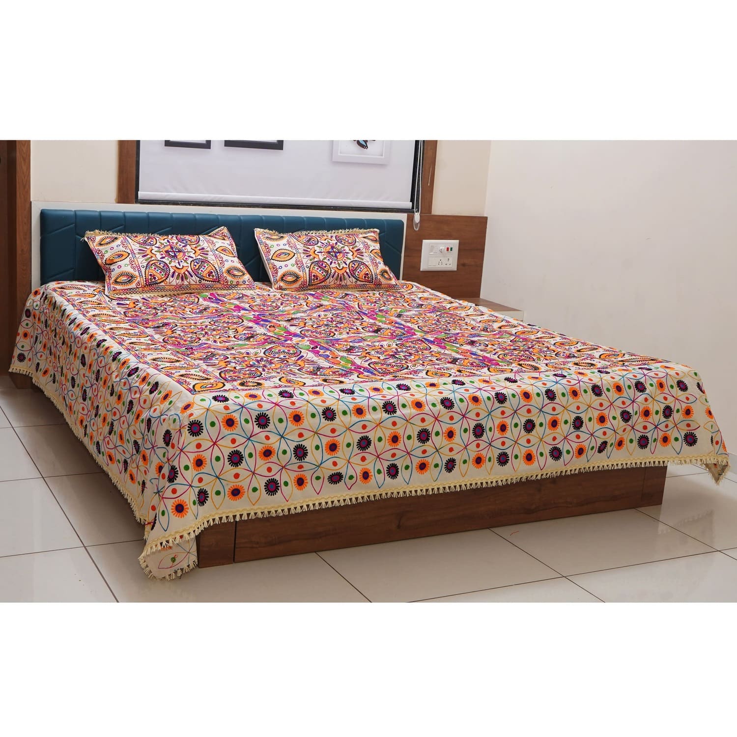 Rajasthani Kart Pure 100% Cotton Double handmade Bed Sheet with 2 Pillow Covers #2001