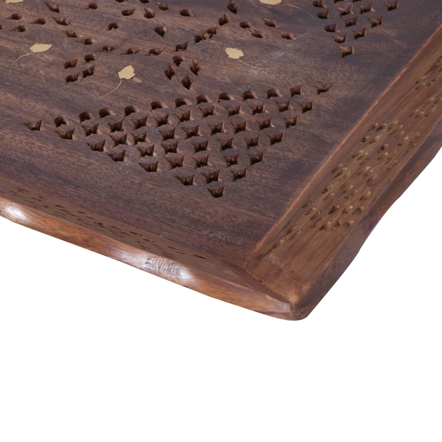 Natural Wooden Rectangular Shaped Serving Tray in Sheesham Wood with Beautiful Flower Design for Kitchen Serving/Dining Tableware