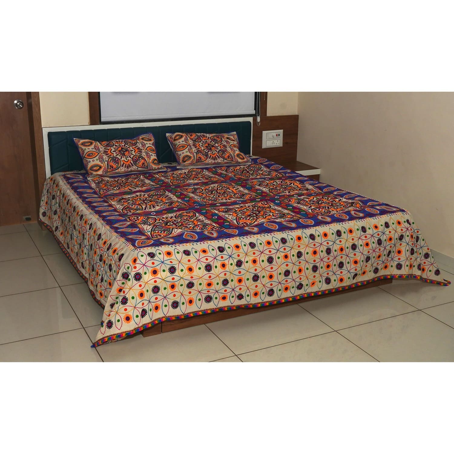 Rajasthani Kart Pure 100% Cotton handmade Double Bed Sheet with 2 Pillow Covers #2000