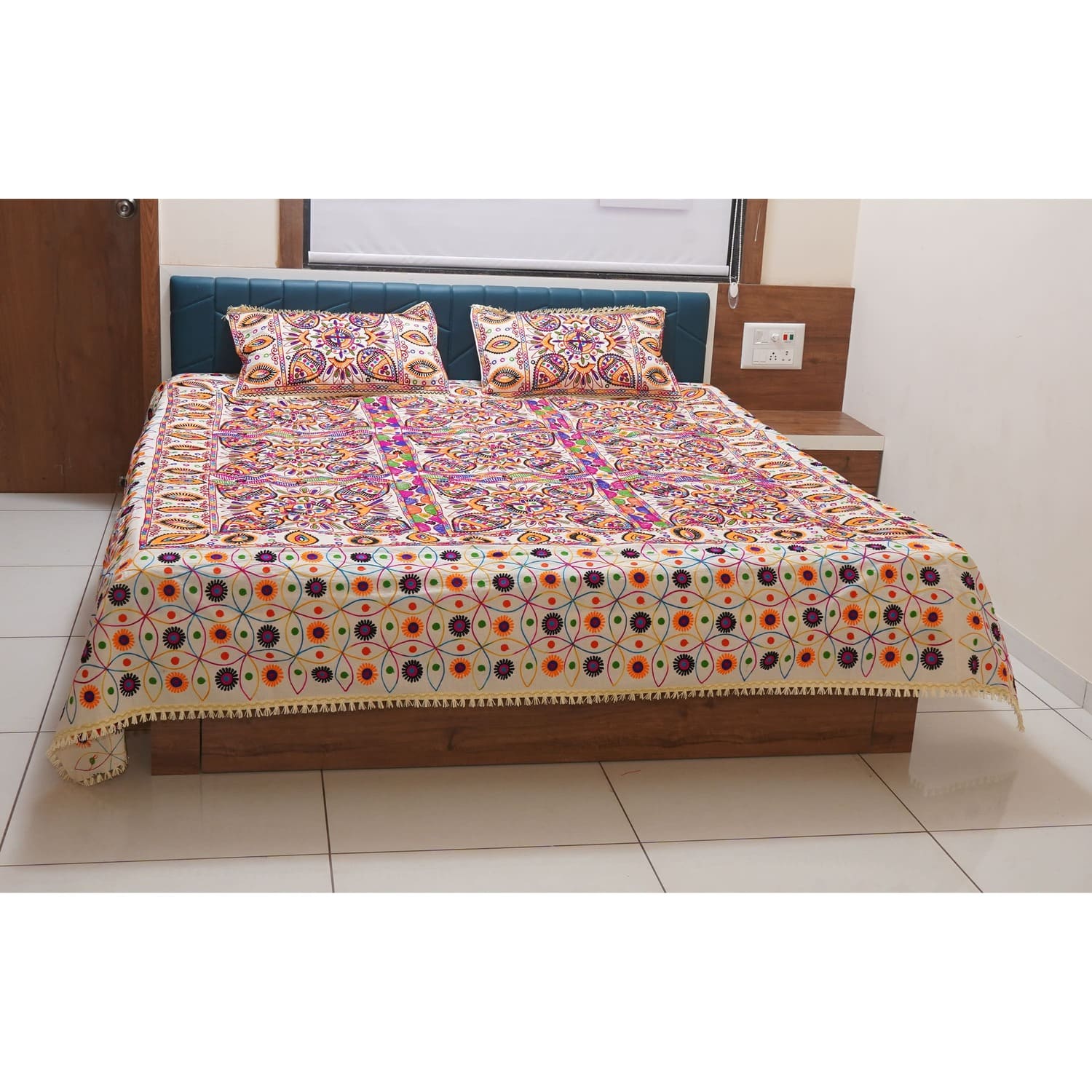 Rajasthani Kart Pure 100% Cotton Double handmade Bed Sheet with 2 Pillow Covers #2001