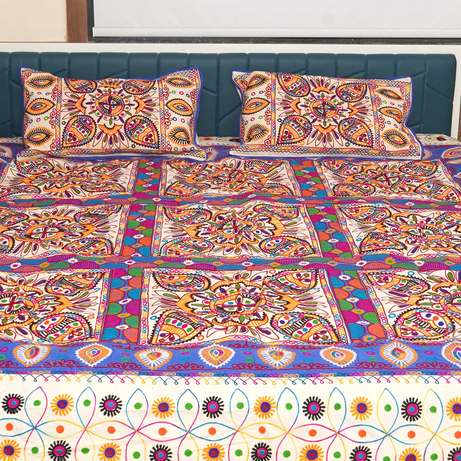 Rajasthani Kart Pure 100% Cotton handmade Double Bed Sheet with 2 Pillow Covers #2000