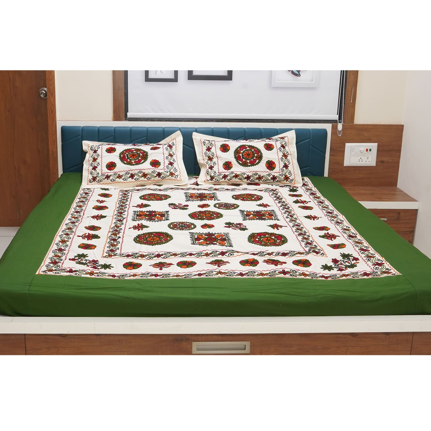 Rajasthani Kart Pure 100% Cotton handmade Double Bed Sheet with 2 Pillow Covers #2003