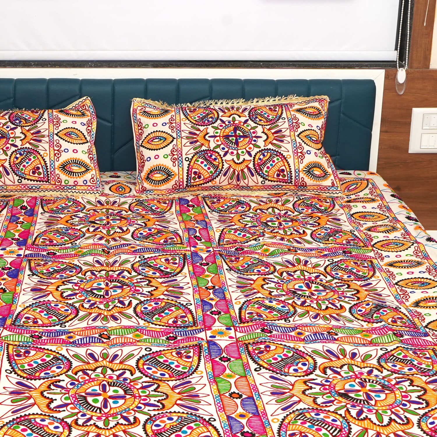 Rajasthani Kart Pure 100% Cotton Double handmade Bed Sheet with 2 Pillow Covers #2001