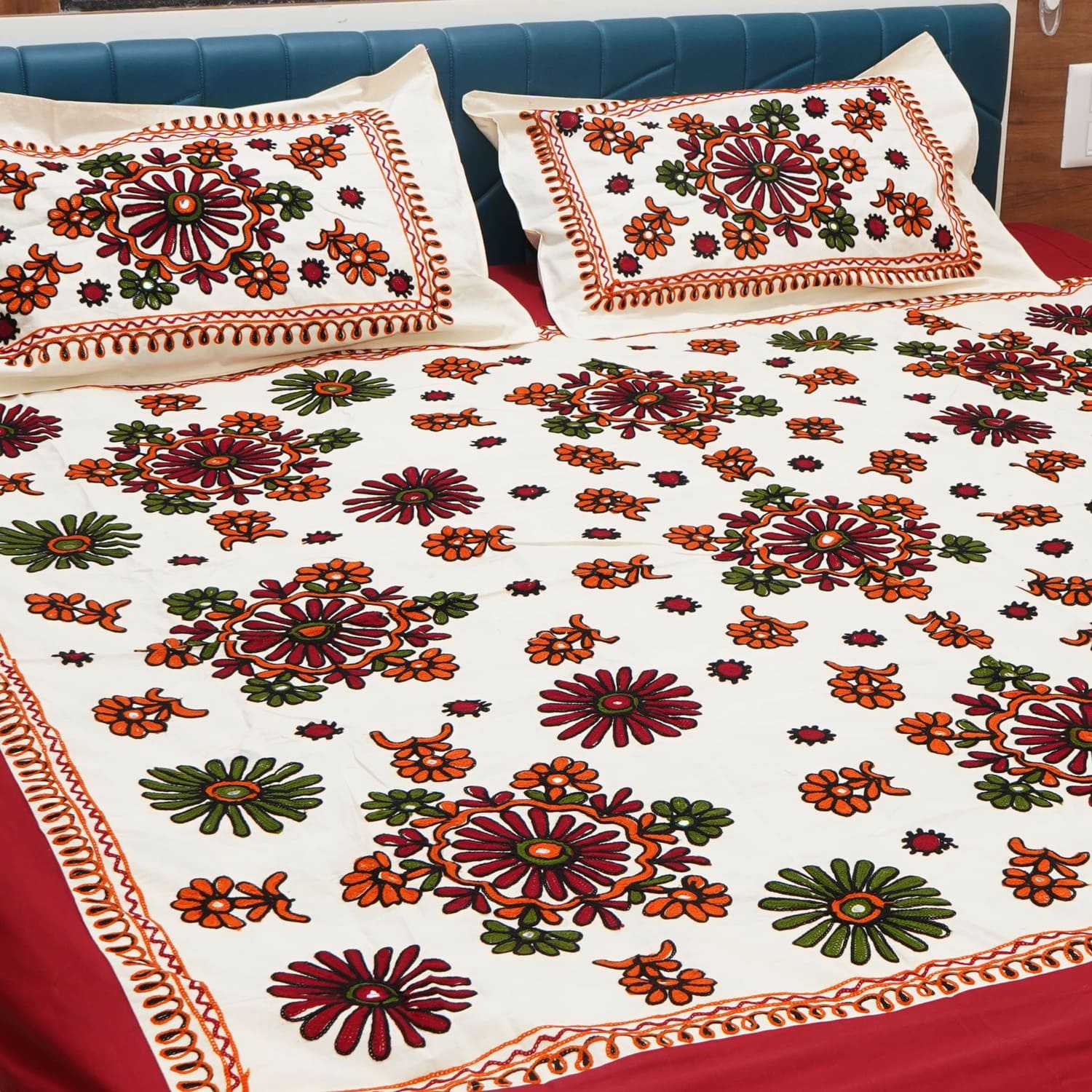 Rajasthani Kart Pure 100% Cotton handmade Double Bed Sheet with 2 Pillow Covers #2002