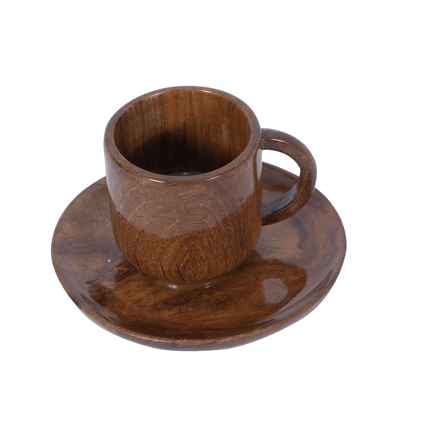 Exelcius Handcrafted Wooden Glossy Finished Tea Cup and Plate Set 150ML Pack of 2